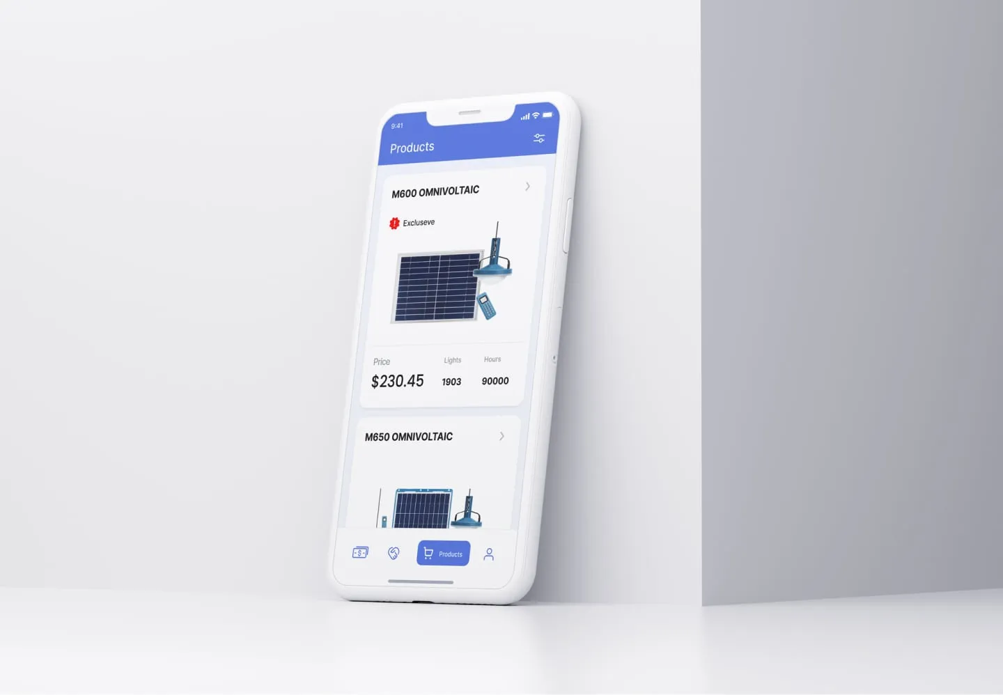Renewable energy company ecosystem app showing products info with solar panel picture