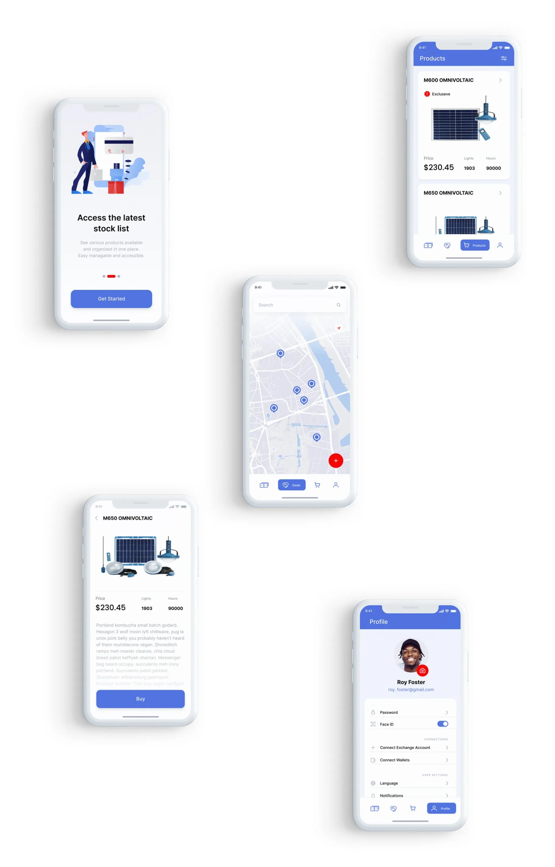 Five iphone screens representing sustainable app features