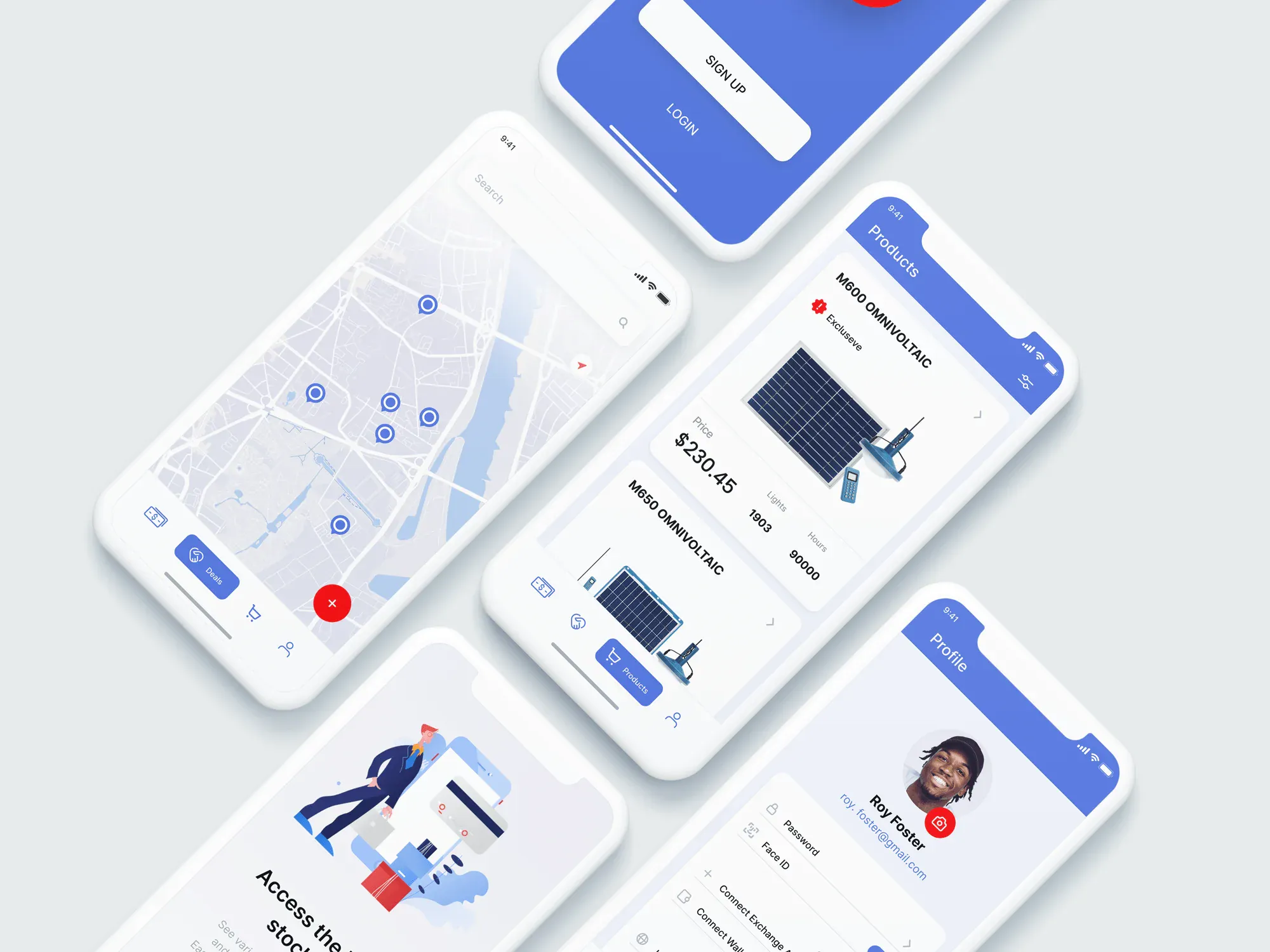 Five phone mockups demonstrating Fine web system