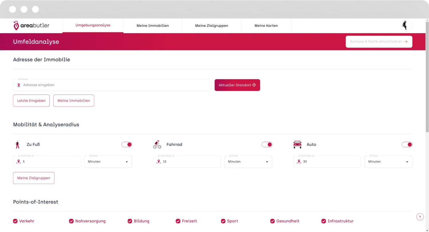 AreaButler environment analysis address input screen