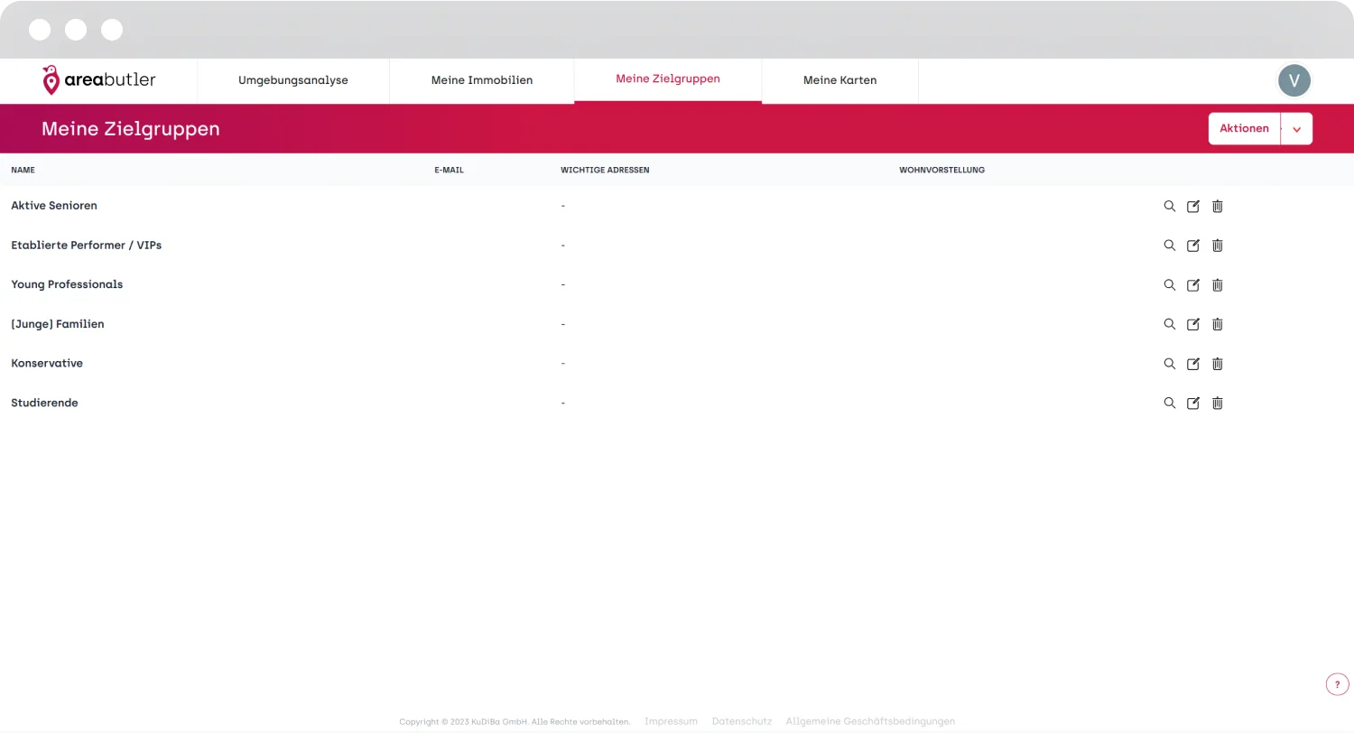 AreaButler target groups selection screen