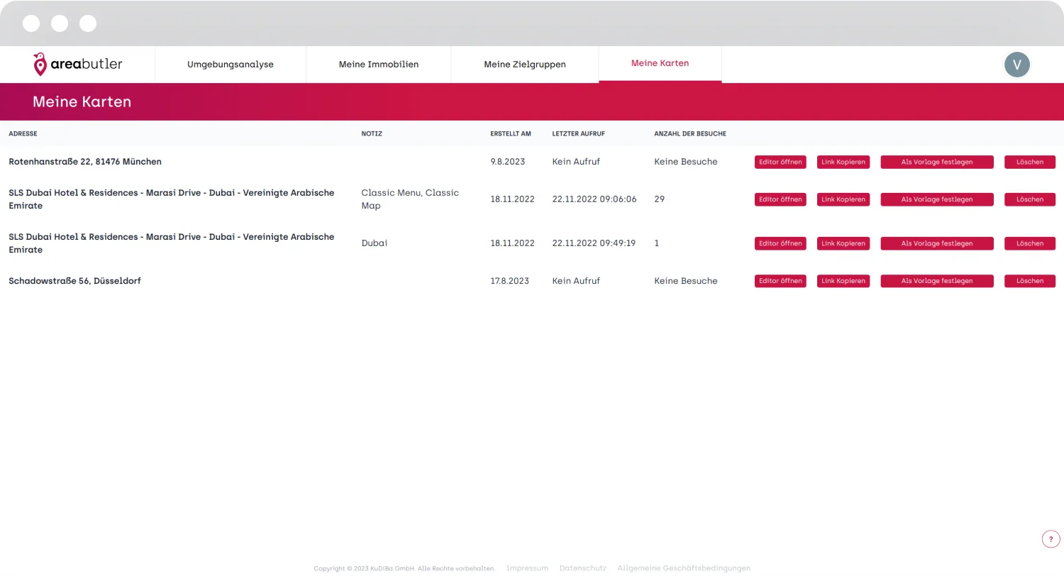 AreaButler my maps list and management screen