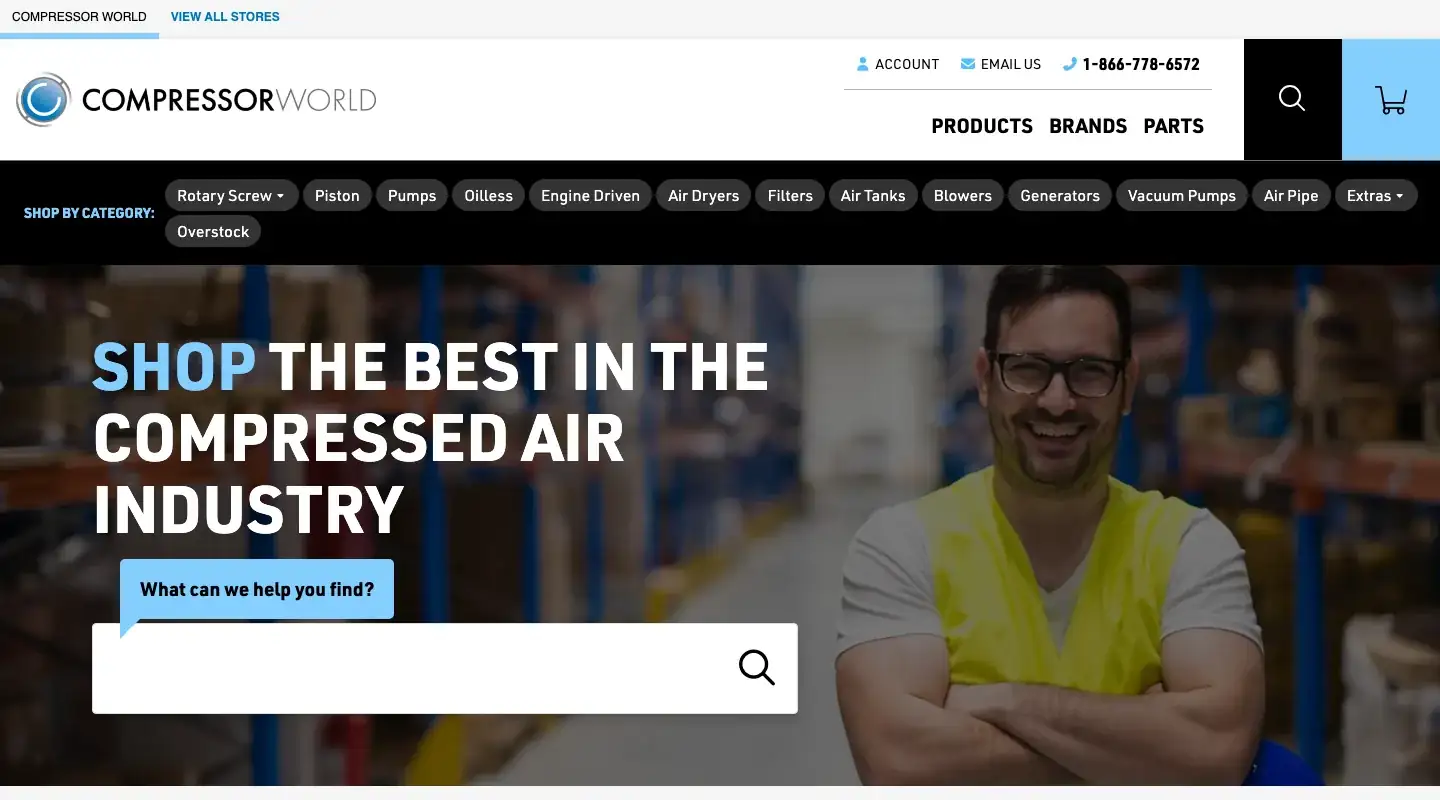 The Compressor World website: the home page with the category menu and the product search