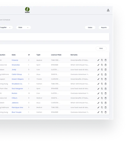 Web-based overview screen displaying an event transport or logistics timetable