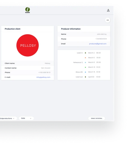 Segment of app view introducing production client info