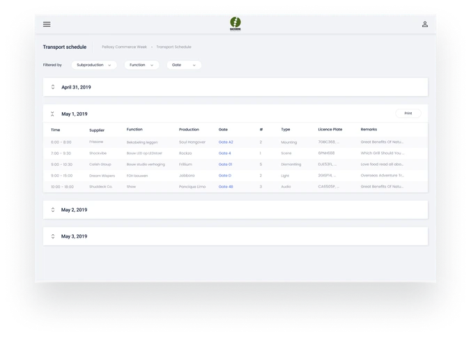 Backbone event management dashboard showing timeline and scheduled activities