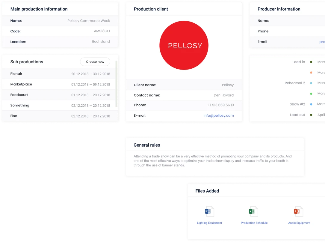 Visual board displaying seven captures with production details and main information