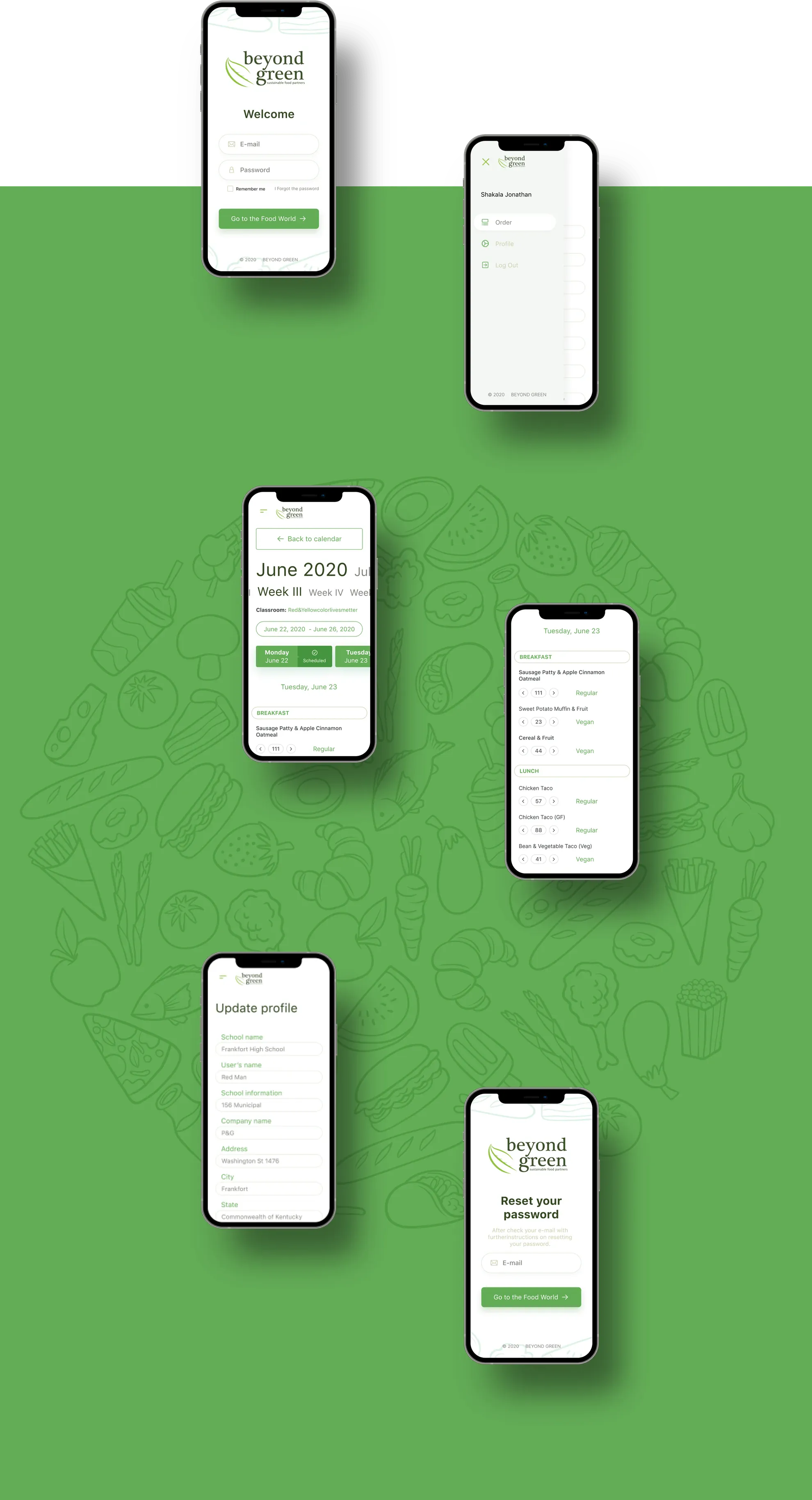 Two devices side-by-side showing menu management calendar interface
