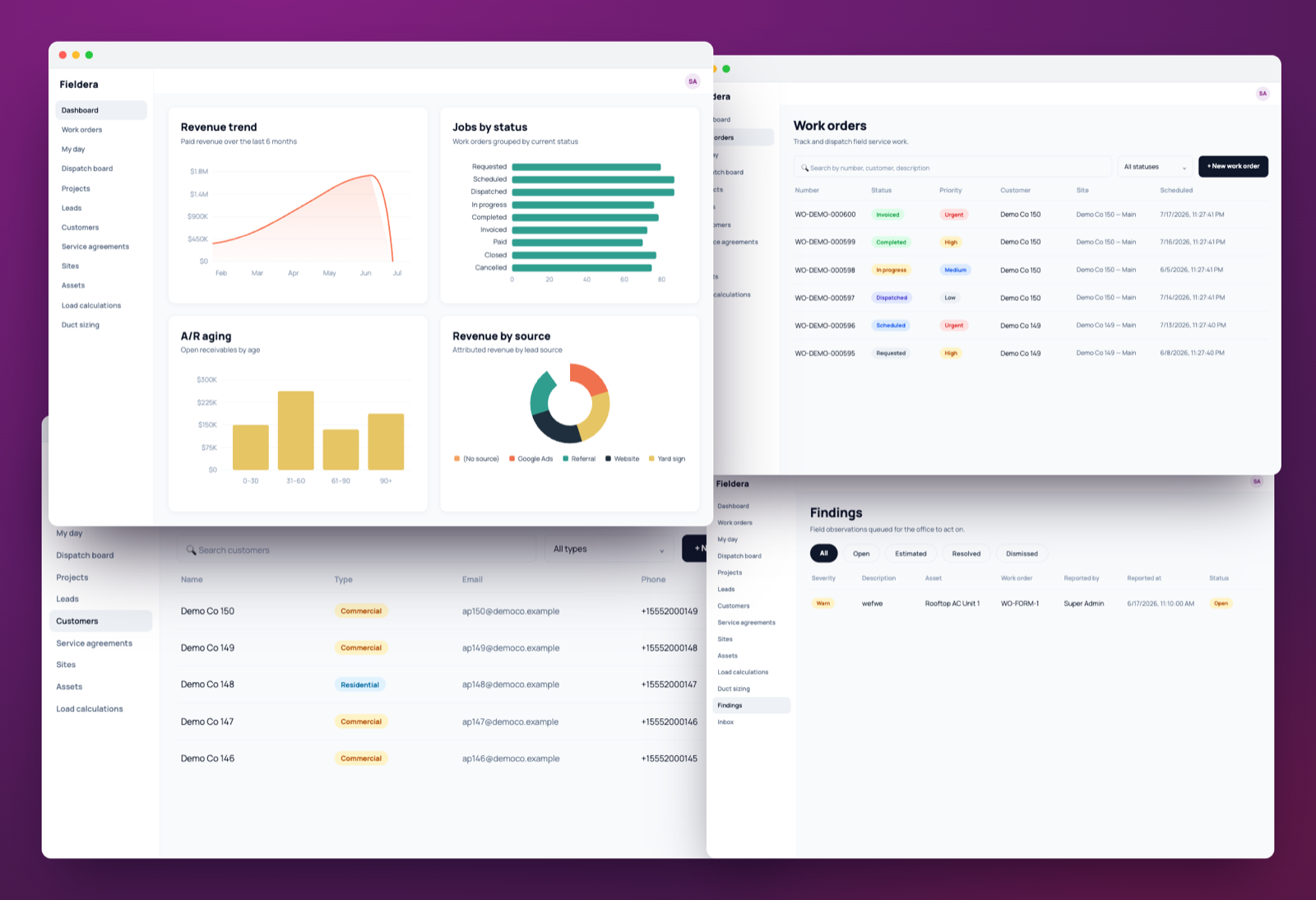 Fieldera admin login: dashboard, work orders, customers, findings