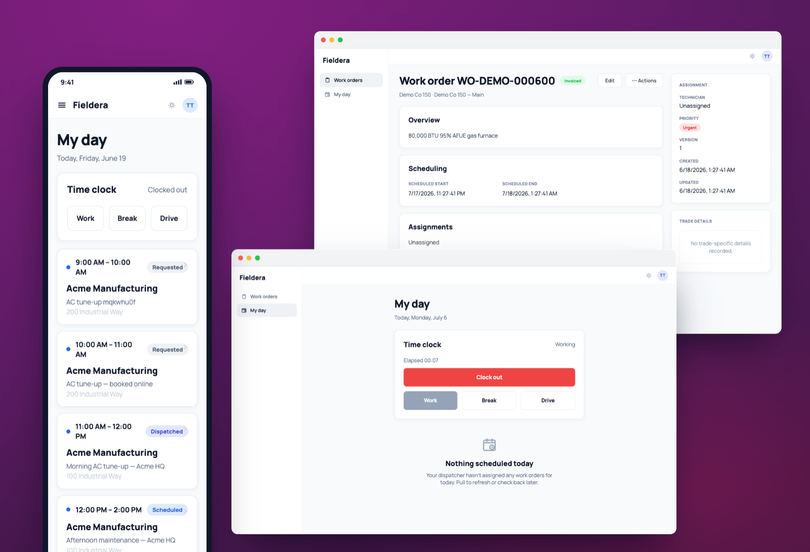 Fieldera technician login: my day, time clock, work order detail