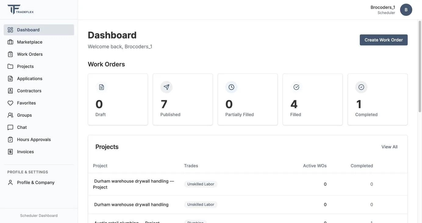 TradeFlex company dashboard with work order counts by status and a projects table