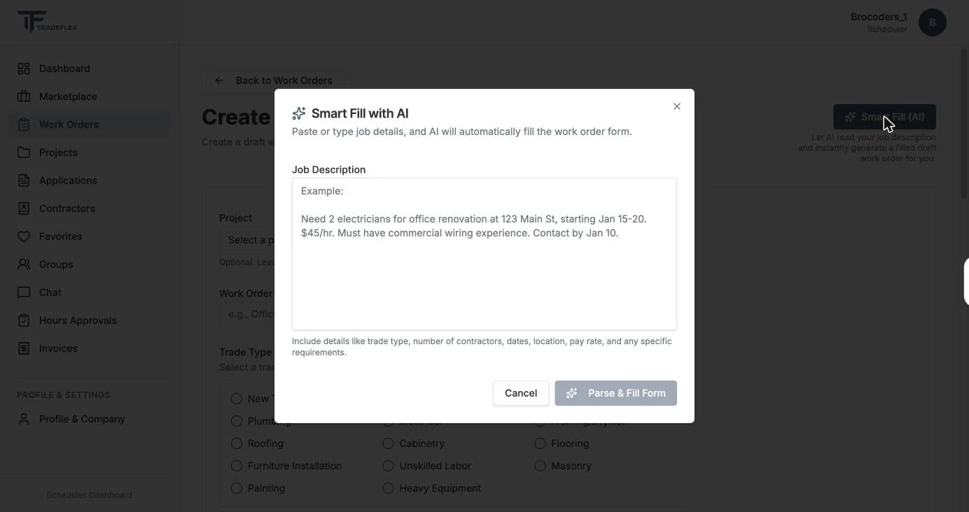 Smart Fill with AI dialog in the TradeFlex work order form, with a free-text job description field