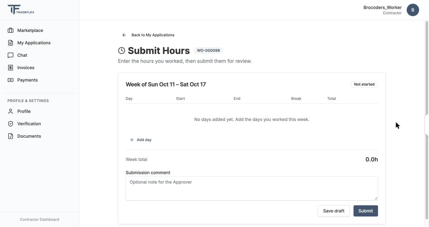 TradeFlex contractor timesheet for one week of a work order, with Save draft and Submit buttons