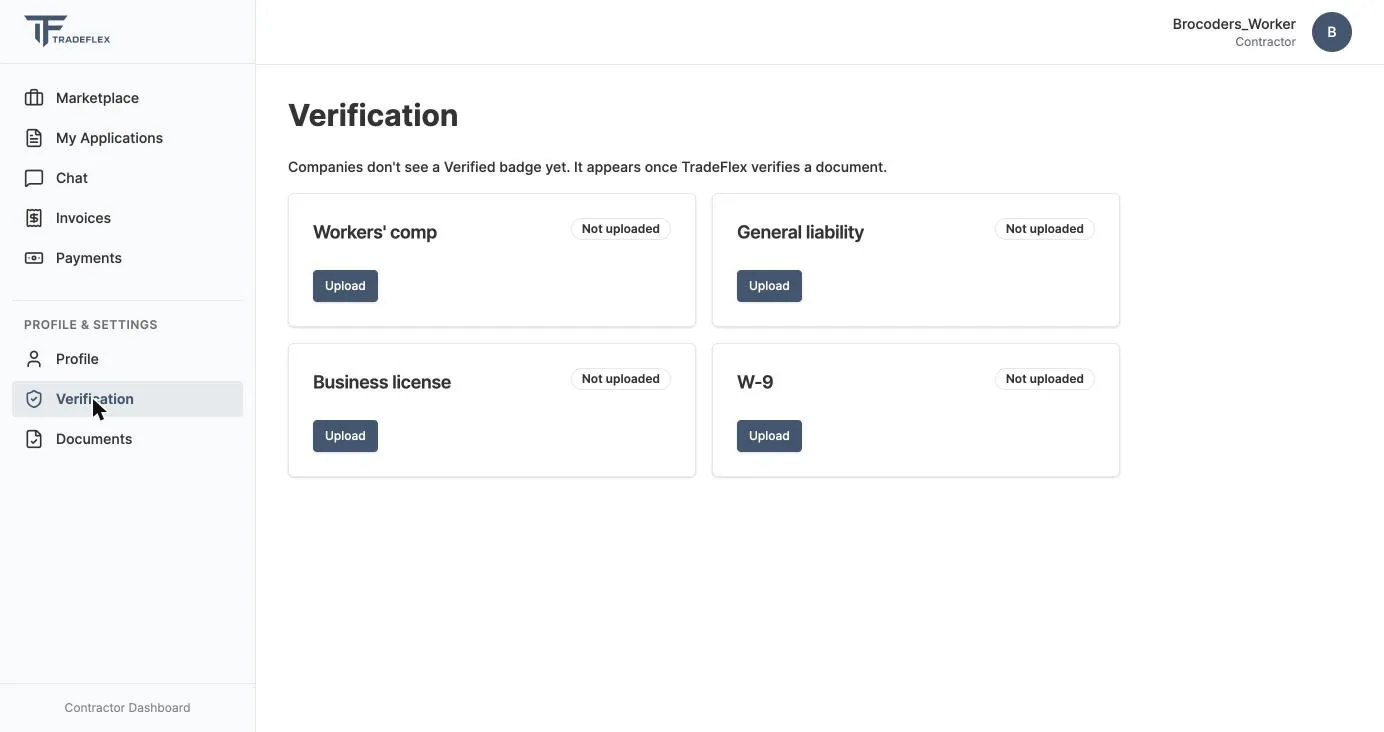 TradeFlex contractor verification page with uploads for workers' comp, general liability, business license and W-9