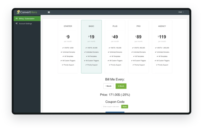 ConvertHero billing and subscription page