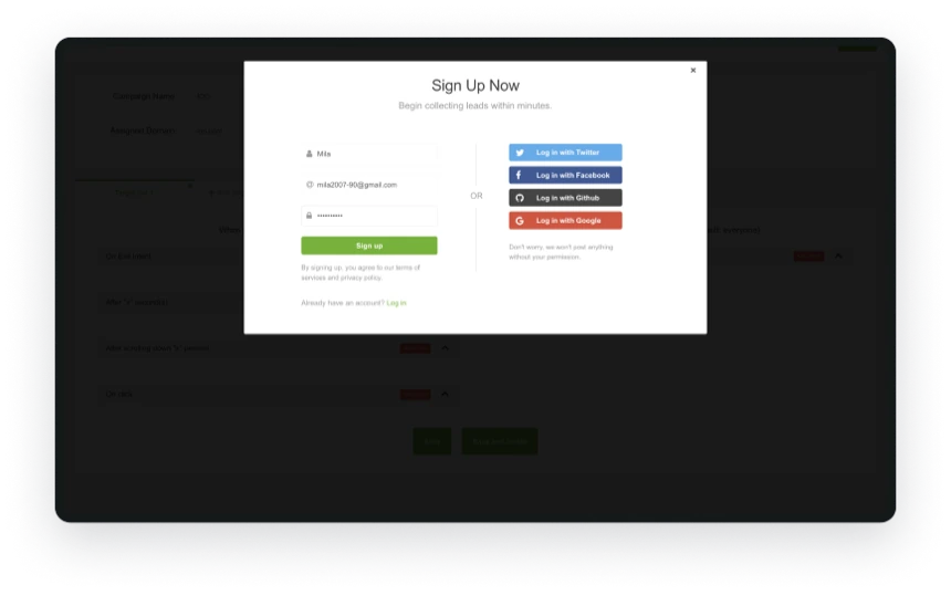 ConvertHero authentication screen with social login options