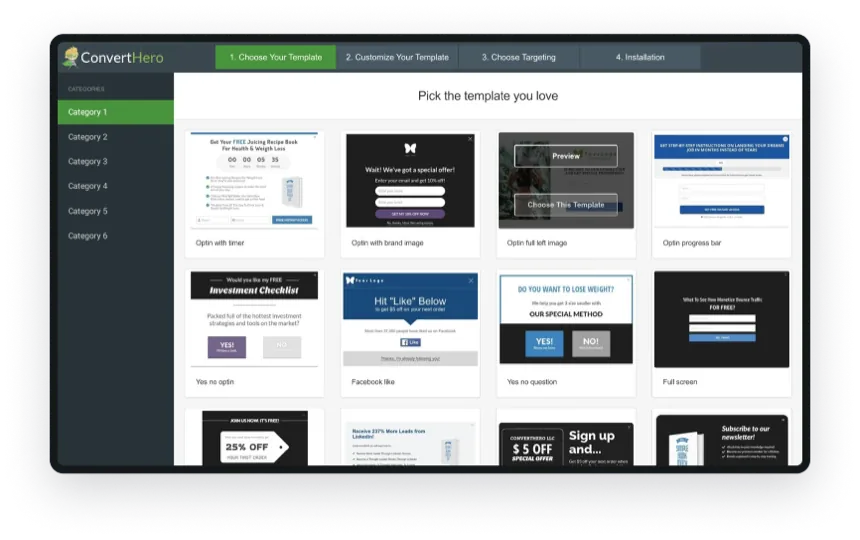 ConvertHero popup template selection screen