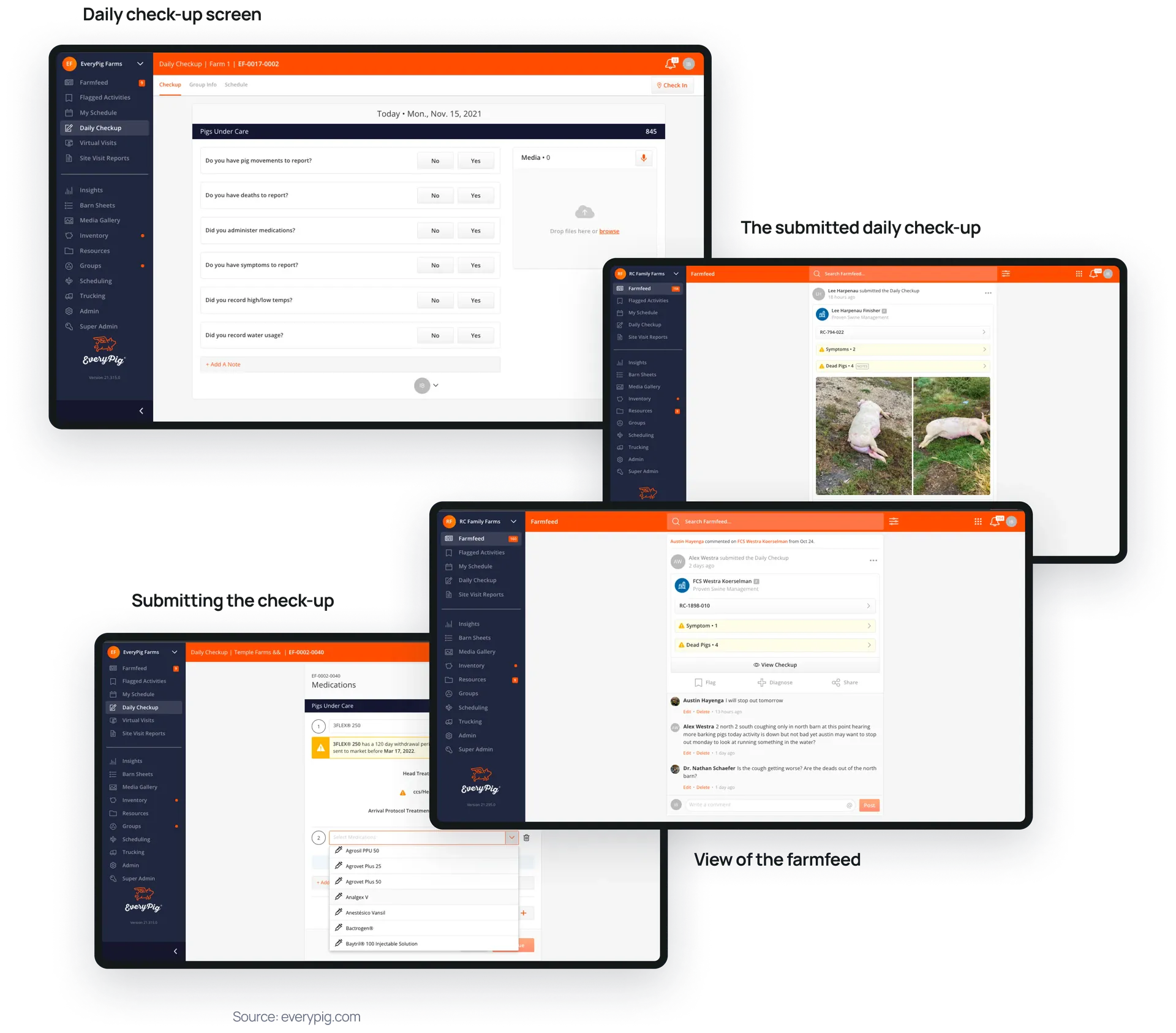 Tool showing daily check-up form, medication reporting, and farm feed with pig health alerts