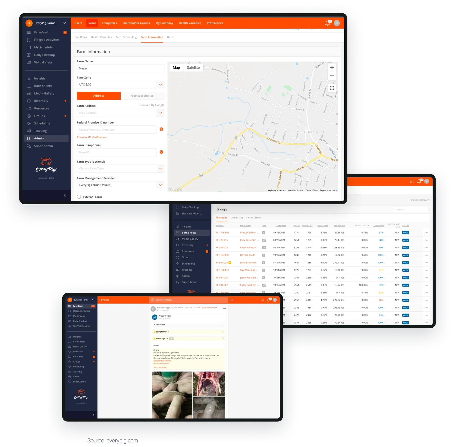 Three screens displaying farm setup with map entry, group inventory table, and health alert feed