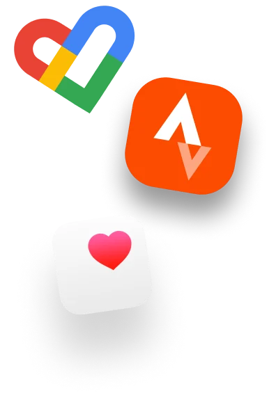 White background with three fitness app logotypes like Google Fit, Strava and Apple Health Kit