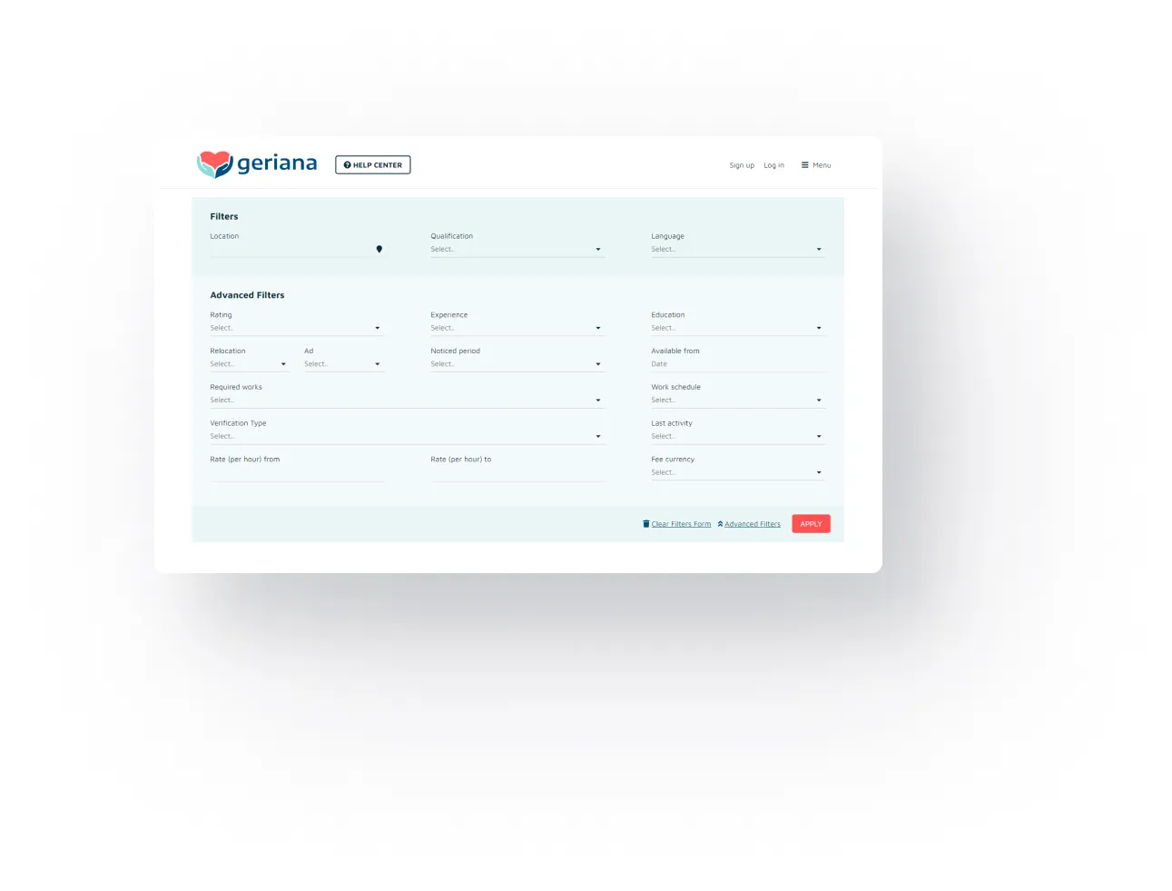 Geriana platform present view of search filters and caregiver profiles for elderly users