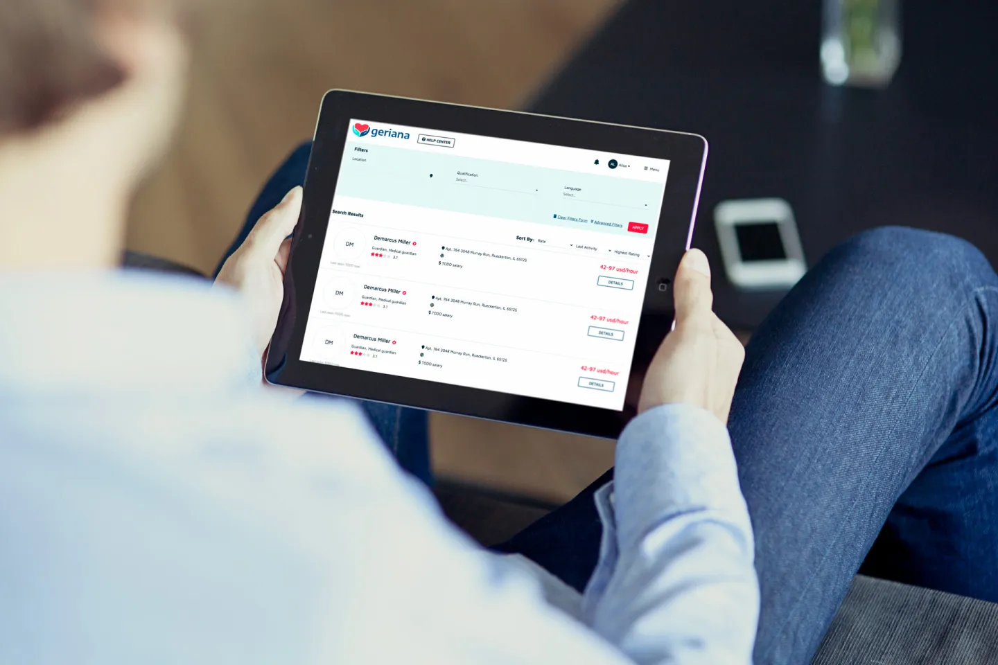 Tablet demonstrating job bidding and collaboration features of social services provider website