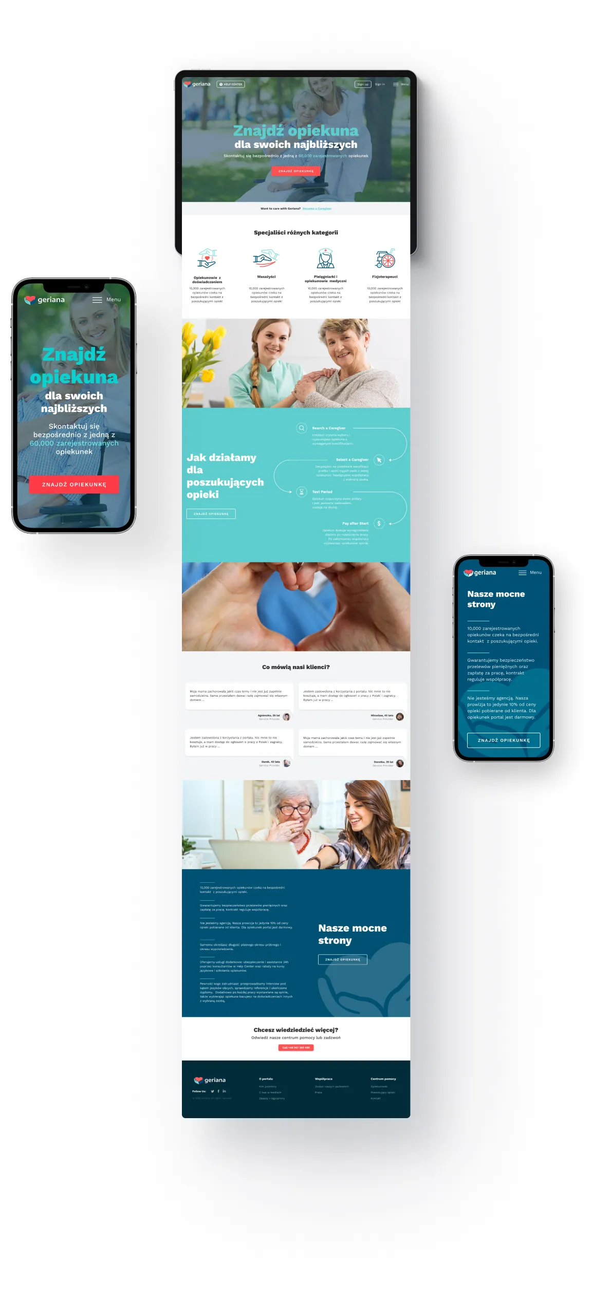 Caregiving website mockup on a tablet, flanked by two phones showing its responsive mobile versions