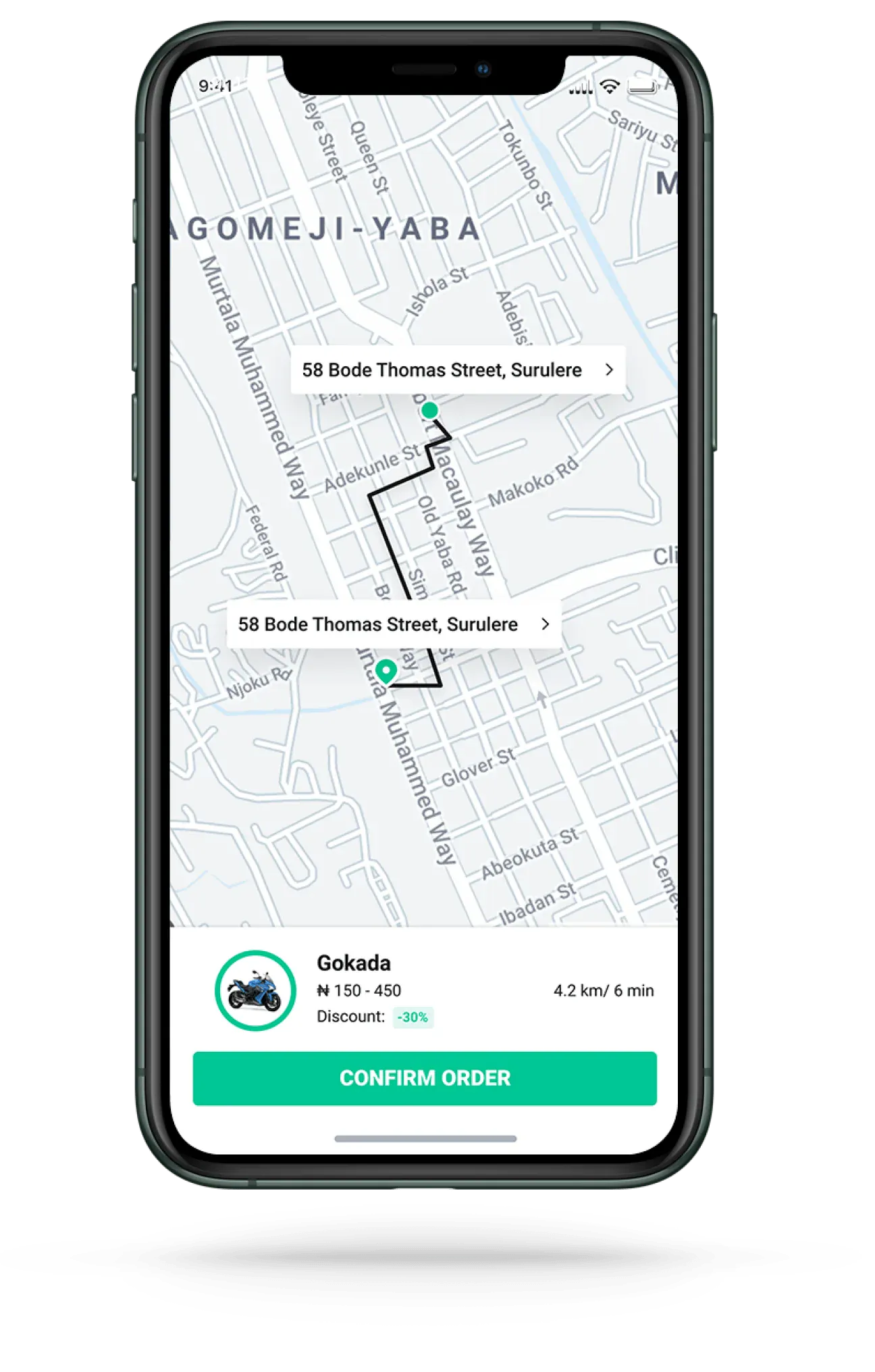 Map on phone displaying the distance between two points of driver's path in Gokada application