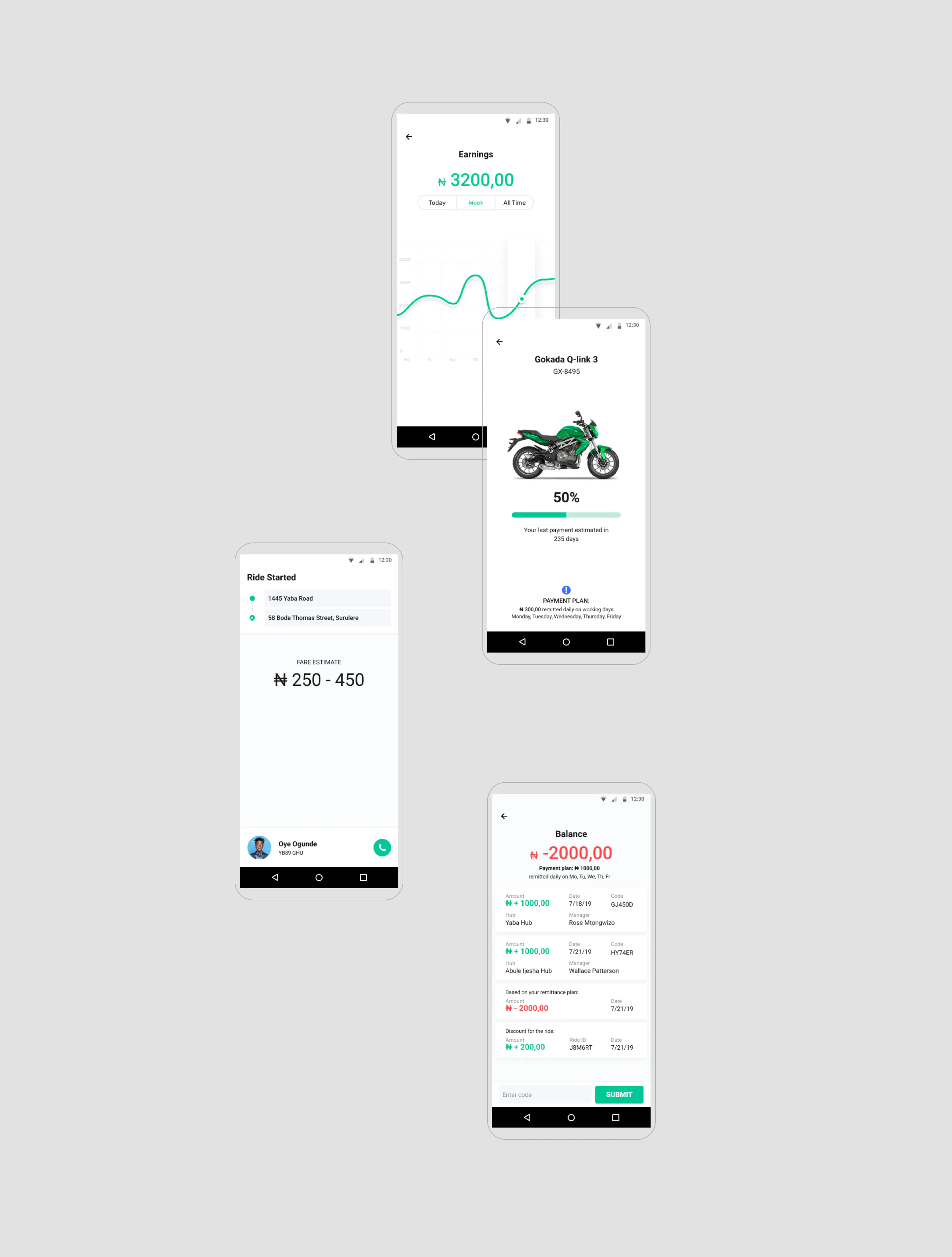 Four mockups present transaction history, money balance and payment plan of drive booking