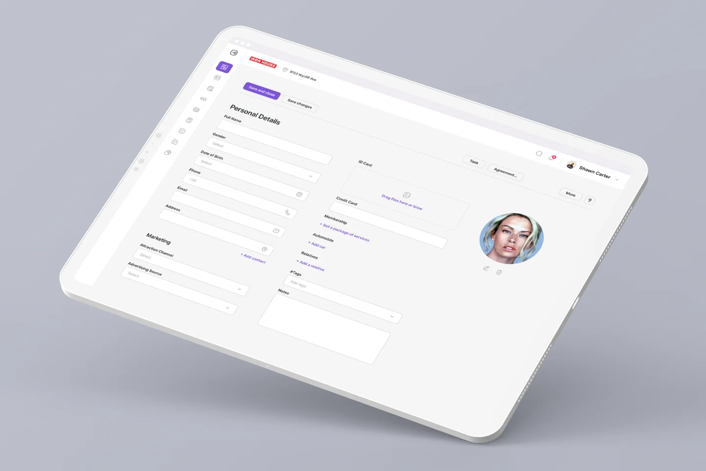 Fitness application dashboard illustrating member personal details and membership form
