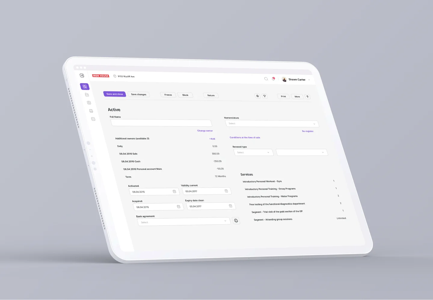 Display of iPad demonstrating gym member contract details and services management