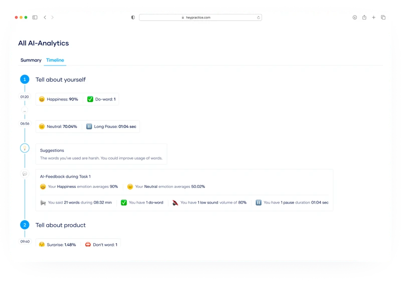 AI Analytics Timeline presenting detailed feedback on pitch sections with emotion scores