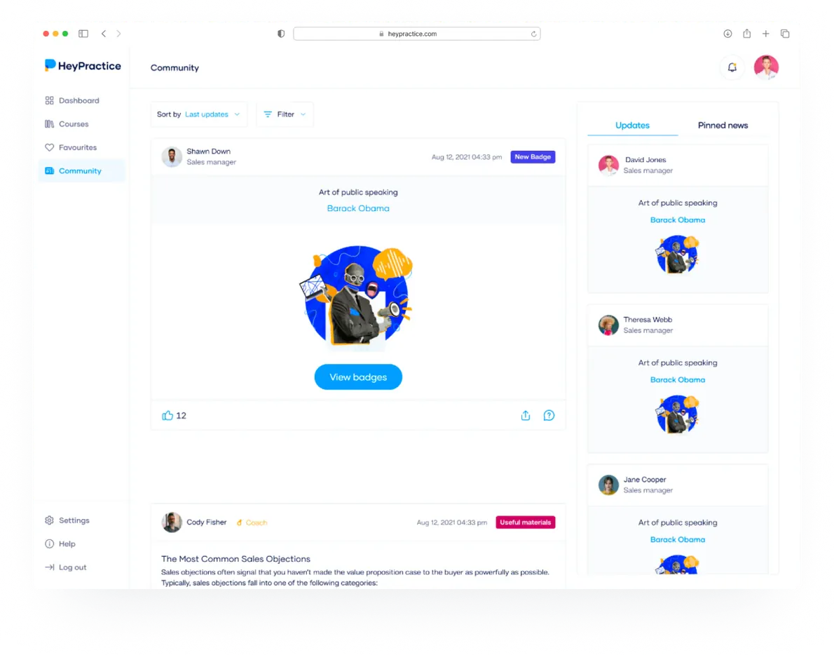 HeyPractice pitch leaderboard and task scores screen