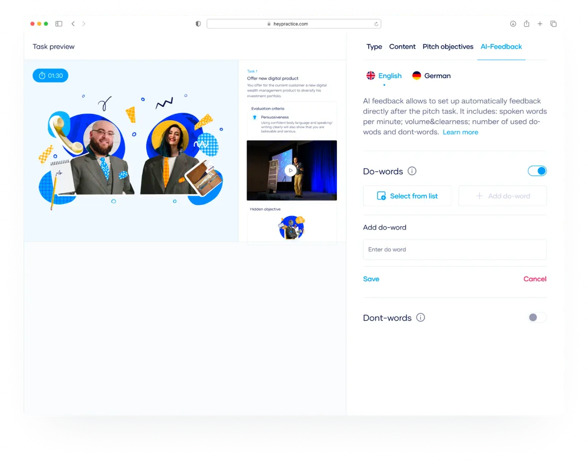 HeyPractice course authoring screen showing task setup and evaluation criteria
