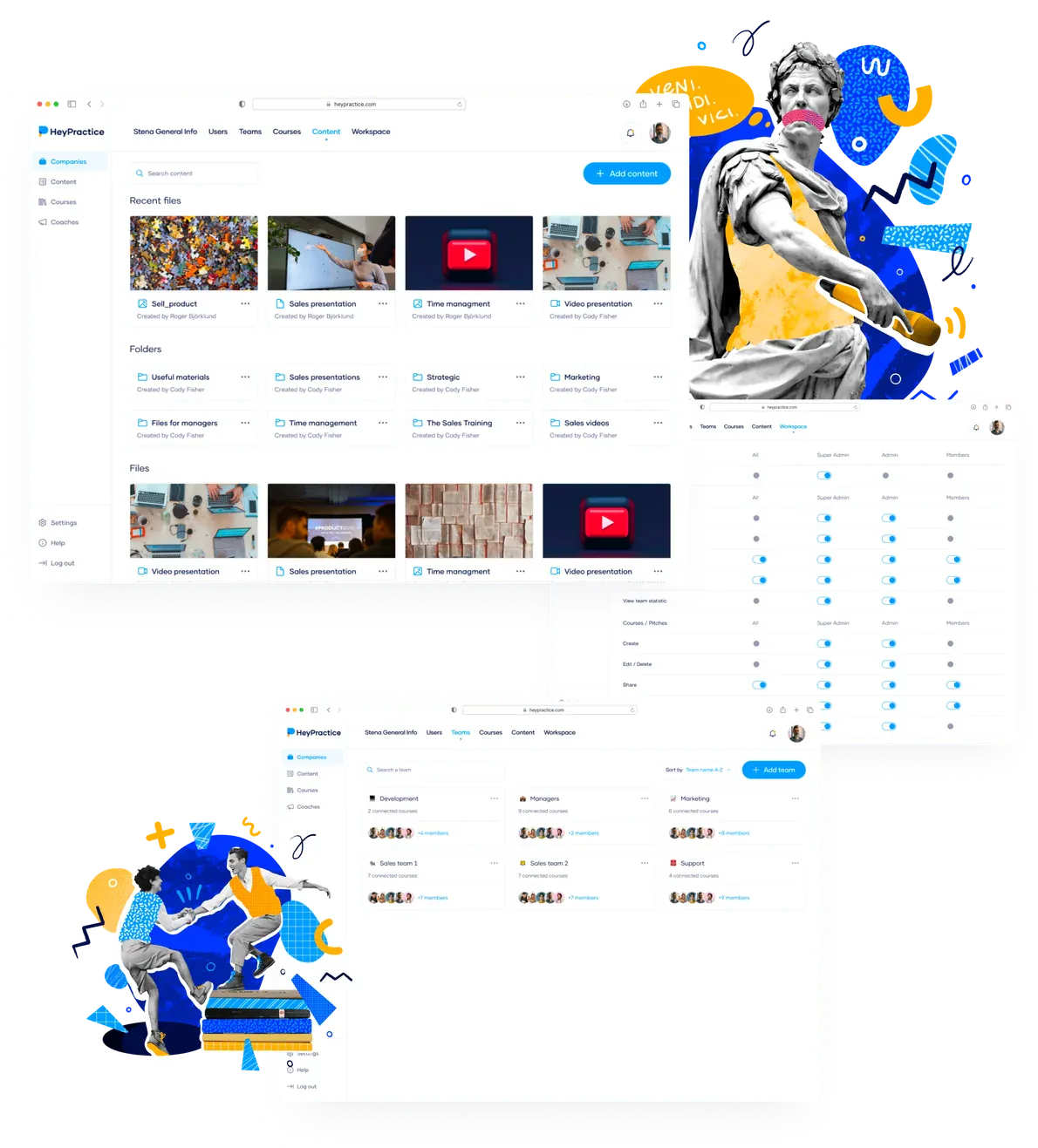 Collage of HeyPractice app screens showing content management, teams, and workspace interfaces