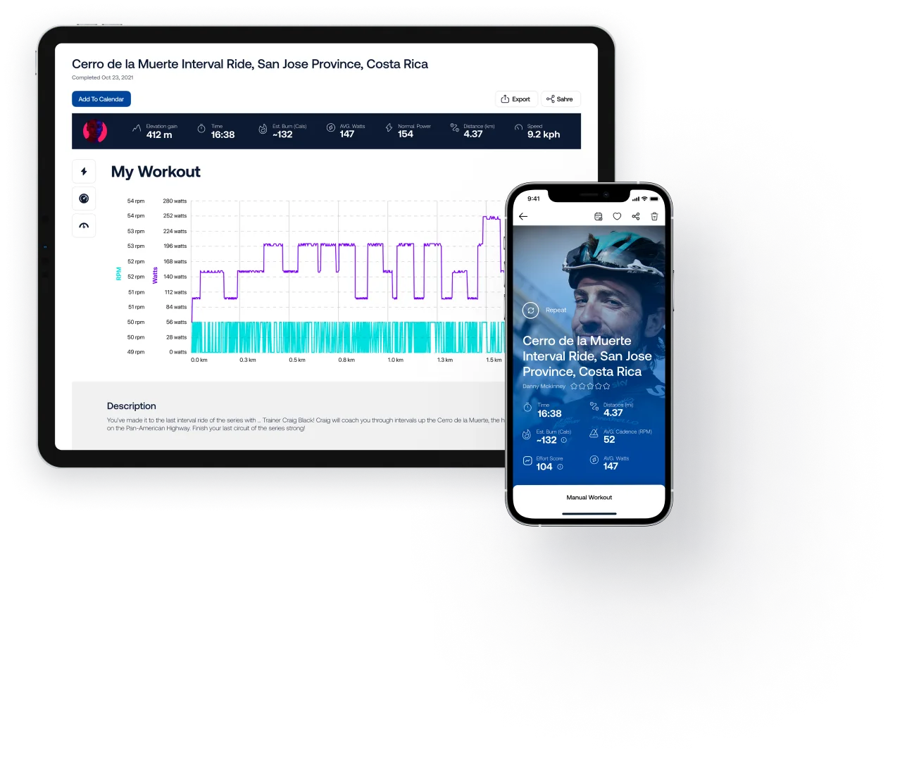 Tablet and phone presenting detailed cycling workout
