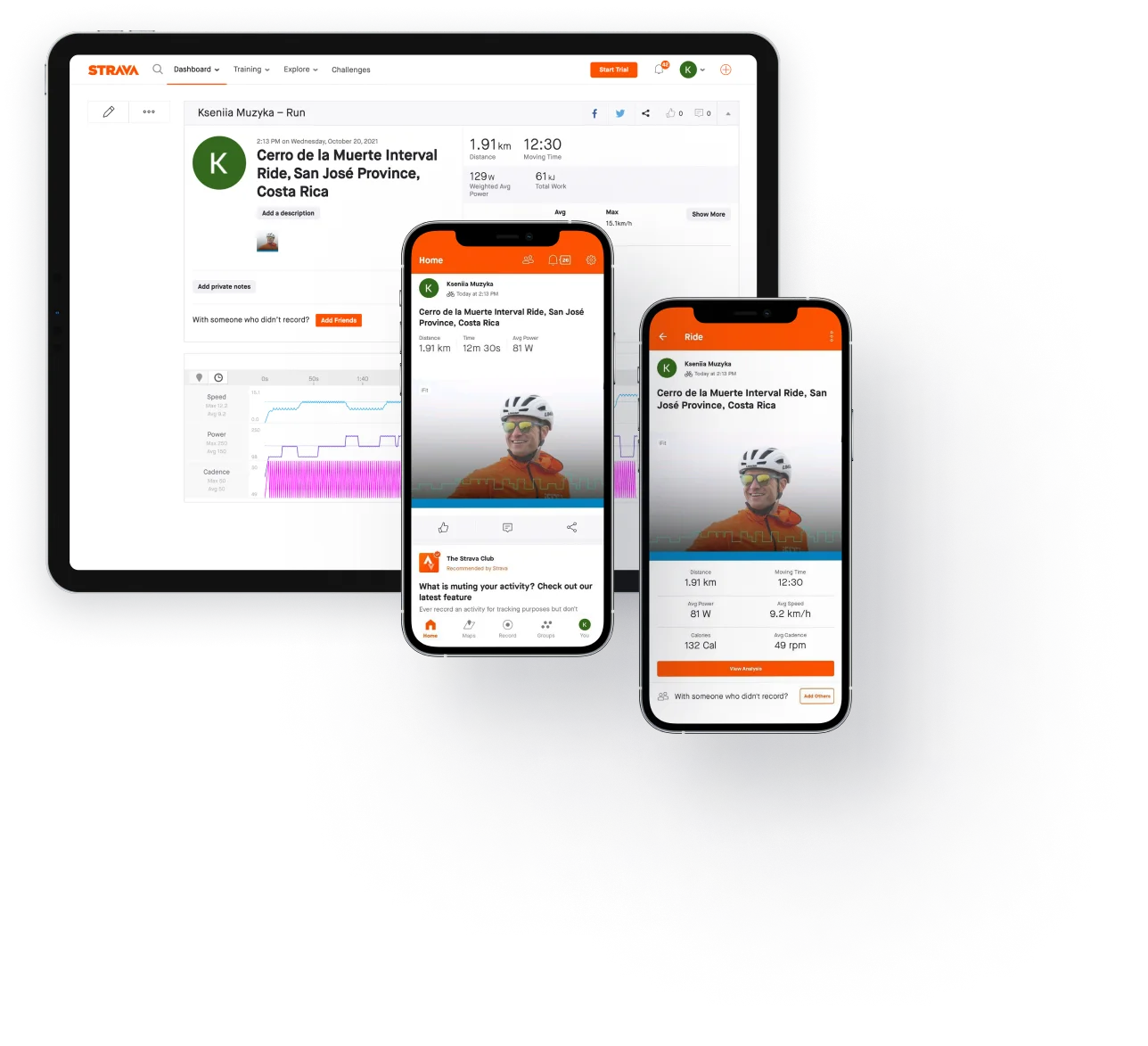 Strava app screens on tablet and two phones showing a short cycling activity