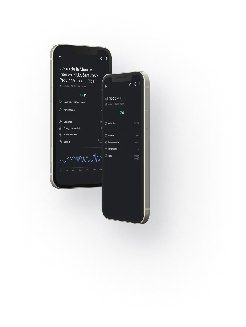 Two iPhones displaying dark-mode fitness app screens