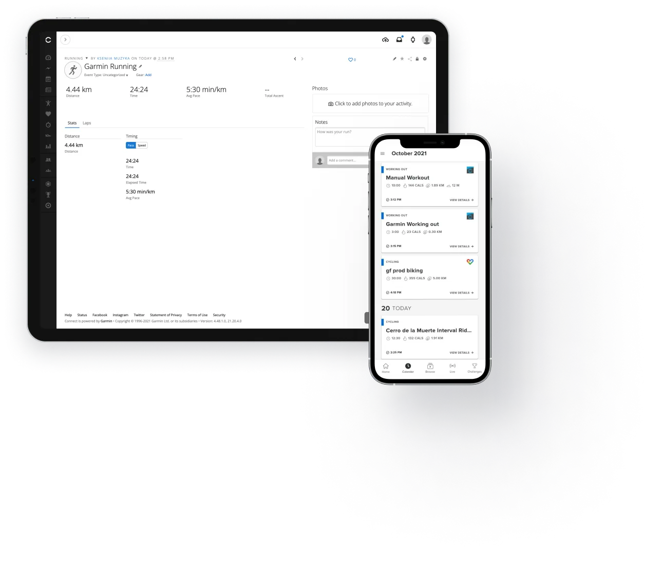 Tablet and phone presenting Garmin Connect running activity