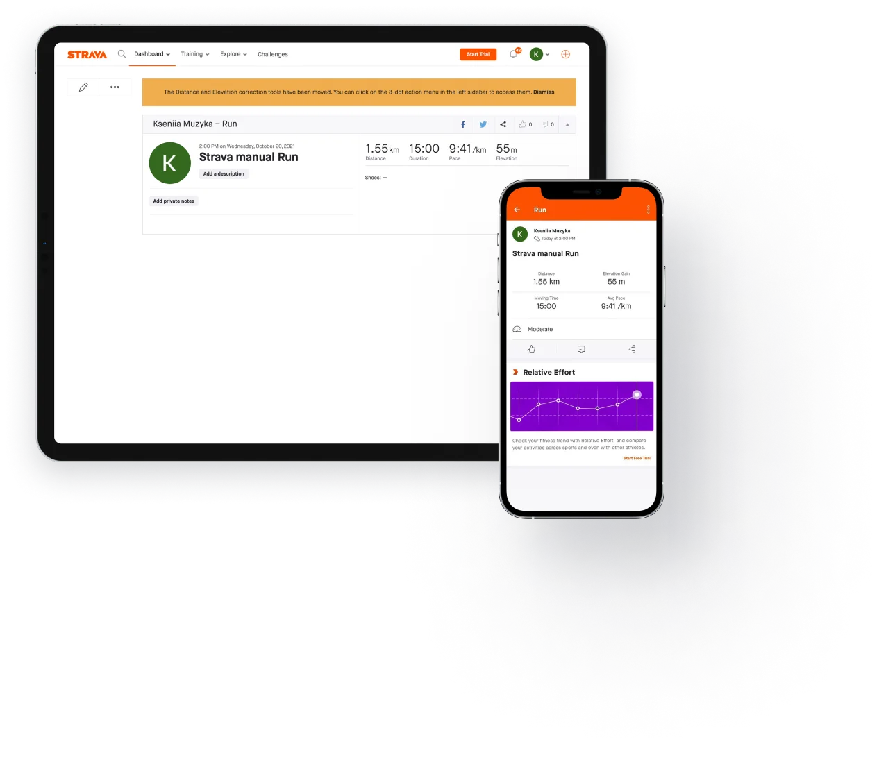 Strava app screens on tablet and phone showing a manual run activity