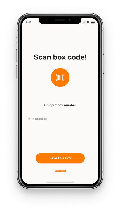Orange circular barcode scan button centered with text input field on the app interface