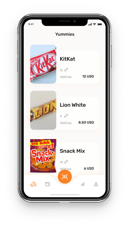 Screen reflecting three snack pictures with price information