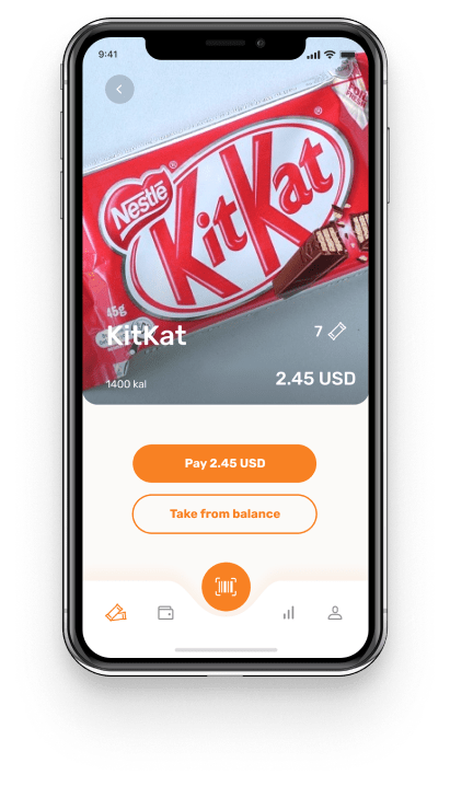 KitKat scanned in snack app, shows cost and nutrition value and two payment buttons