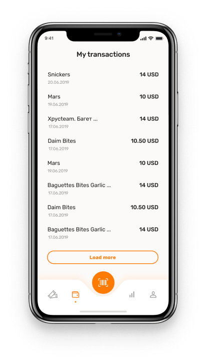 Visual board of snacks box delivery software present transaction list with load more button
