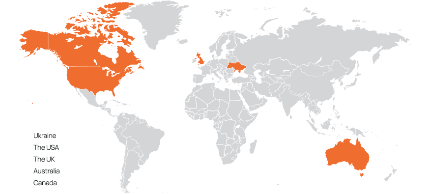World map with five countries marked in orange