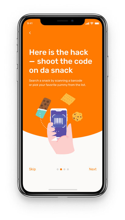 App tour page with an orange background showing an illustrated hand holding a phone scanning a barcode