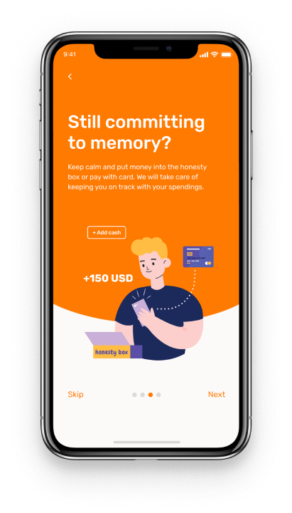 Illustrated person holding a payment card and an honesty box on the onboarding screen with a tangerine-colored background