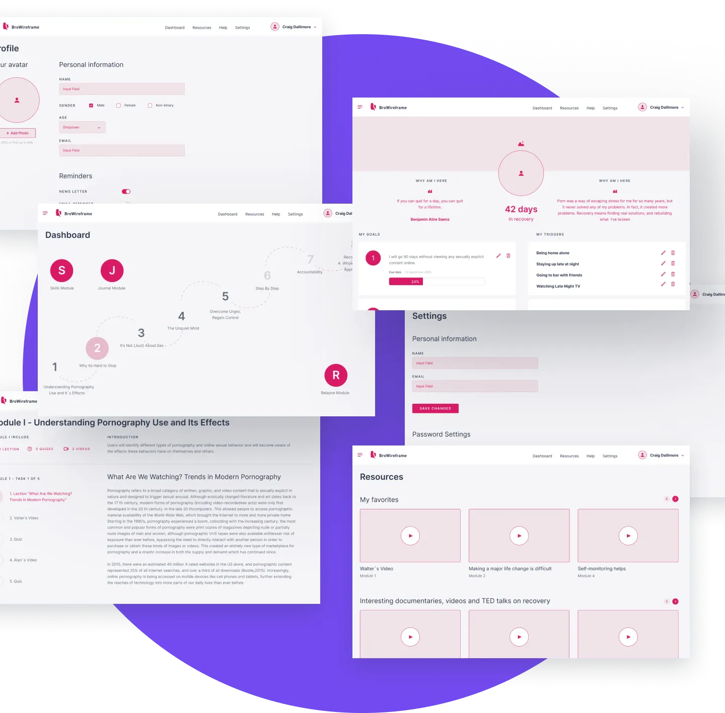 Ladder Out app screens collage representing profile setup, dashboard modules, and resources with video thumbnails