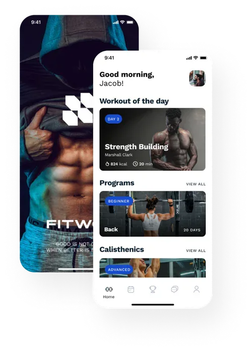 Two screens of a fitness app, one showing a sporty-looking man and the other displaying the welcome page
