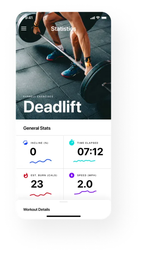 A smartphone screen shows a fitness tracking app focused on a barbell deadlift exercise